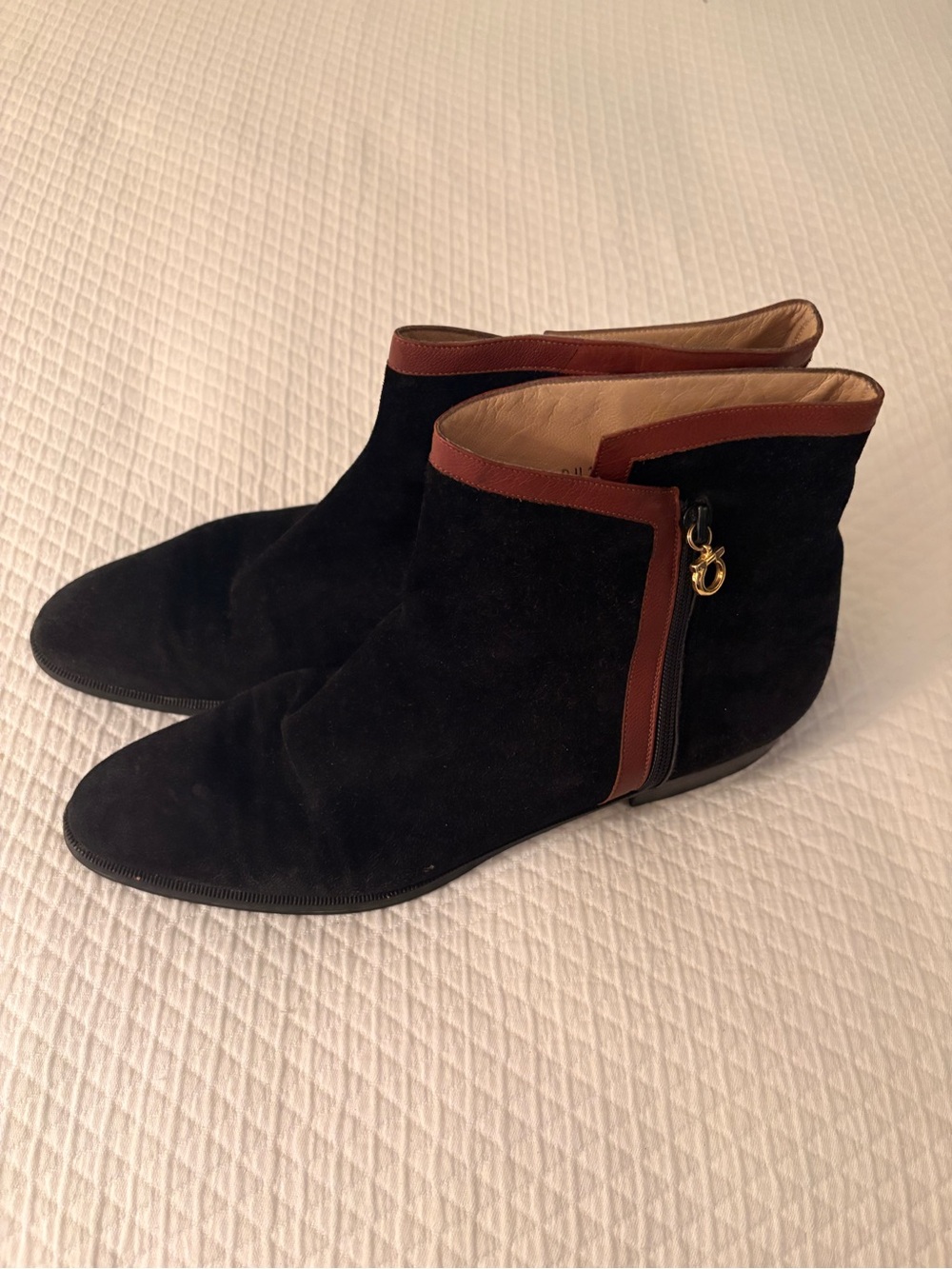 Salvatore Ferragamo Black Suede Ankle Booties with Brown Trim